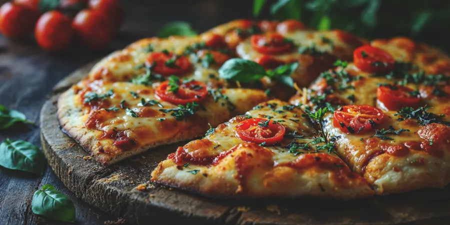 Pizza sa čeri paradajzom, bosiljkom i začinskim biljem na drvenoj dasci