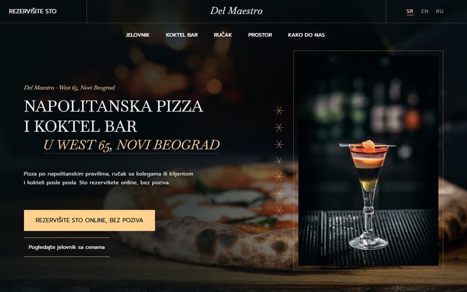 Prvi ekran predloga A: tamna pozadina, zlatni serif naslovi, fotografija pizze i uramljena fotografija koktela